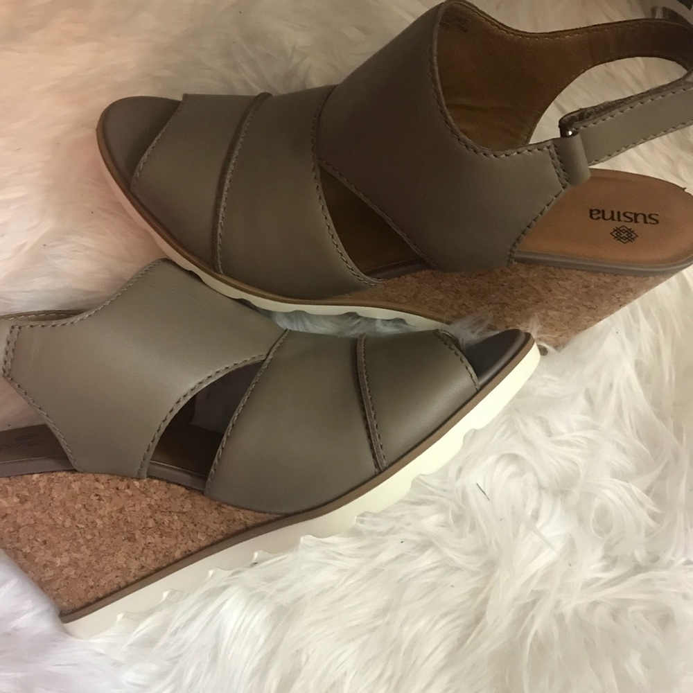 Dark Taupe Open Toe Cork Heel Sandal - Size 11